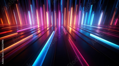 A colorful, neon-lit cityscape with a futuristic feel. The bright colors and long, thin lines create a sense of movement and energy