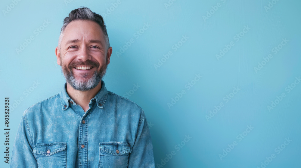 A man with a beard and a blue shirt is smiling