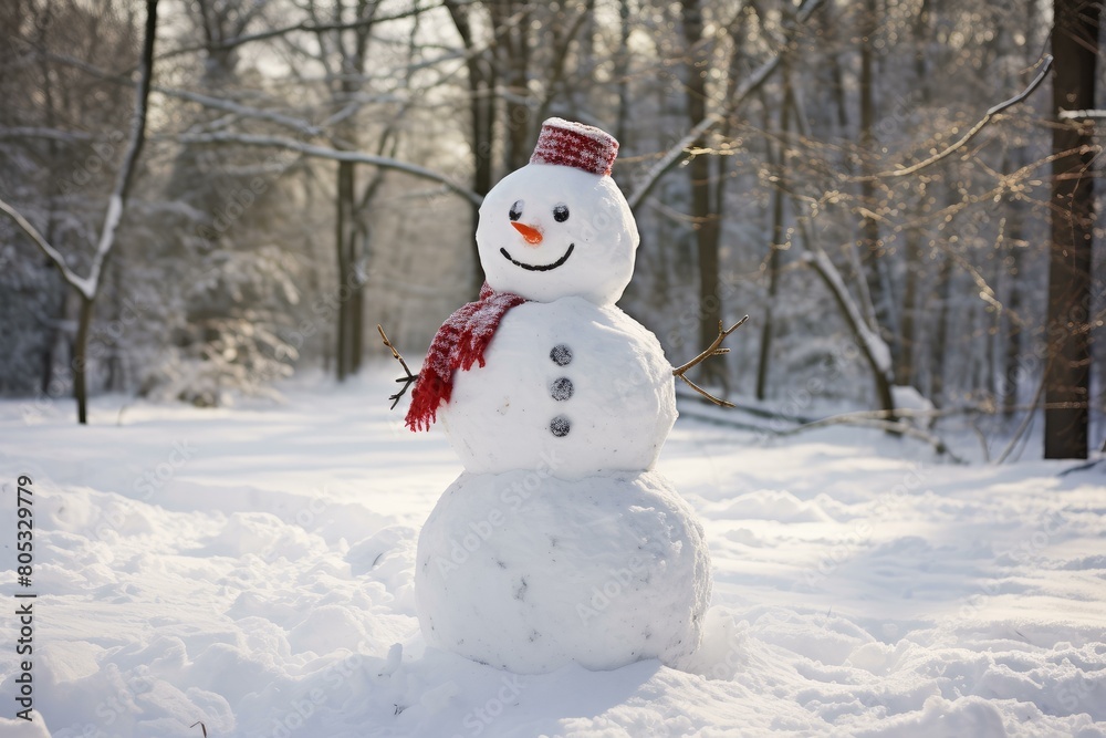 Whimsical Snowman winter sunny. Nature sky. Generate Ai