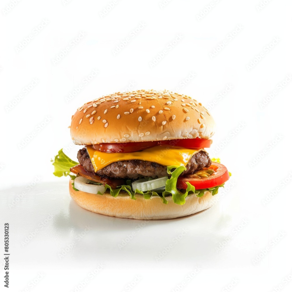 A delicious cheeseburger with lettuce, tomato, and onion on a white background A delicious cheeseburger with lettuce, tomato, and onion on a white background