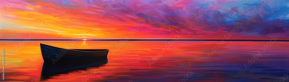 The boat is floating on the water with a beautiful sunset in the background The boat is floating on the water with a beautiful sunset in the background