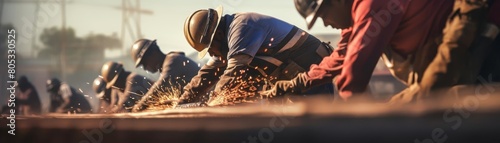 A group of men are working on a construction site. One man is wearing a red shirt and is working on a piece of metal. The other men are wearing hard hats and are working on a project as well photo