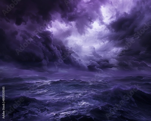 The dark clouds loom over the ocean  and the waves crash against the shore.