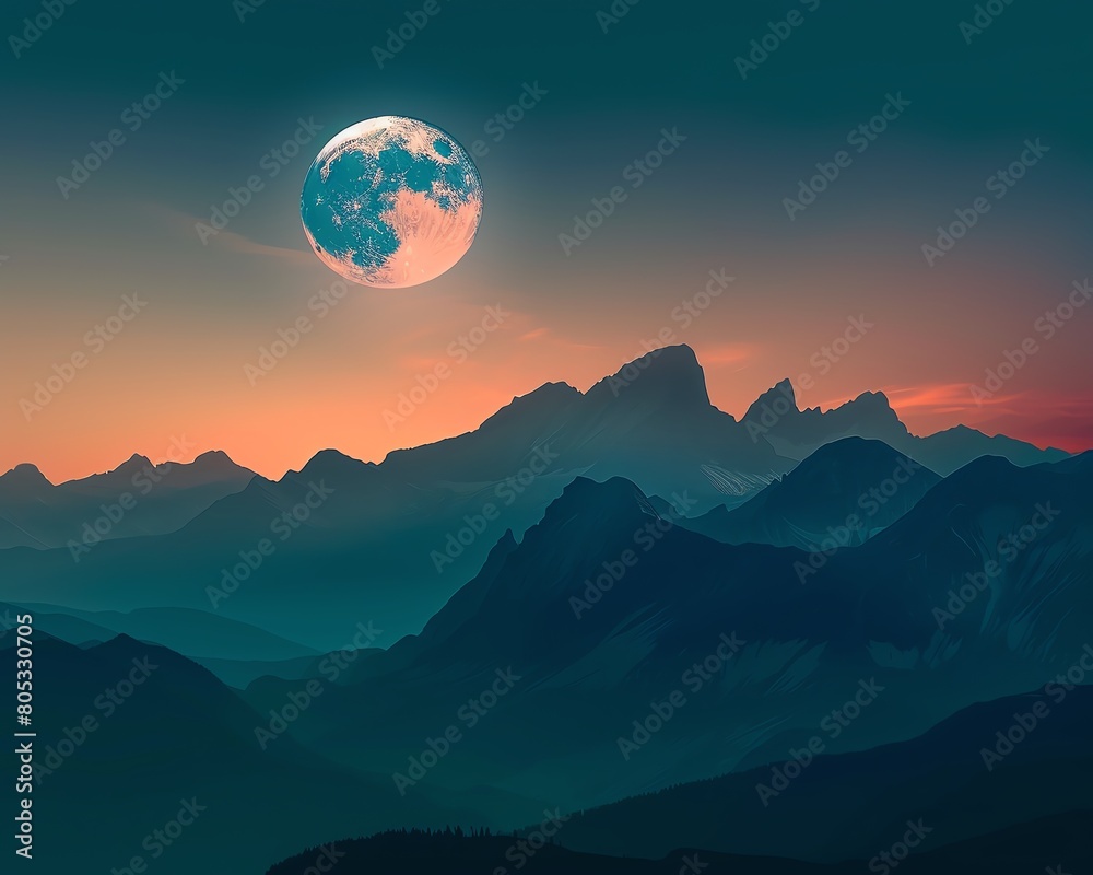 The full moon rises over the mountains. The sky is dark and clear. The mountains are covered in snow. The scene is beautiful and peaceful. The full moon rises over the mountains. The sky is dark and clear. The mountains are covered in snow. The scene is beautiful and peaceful.