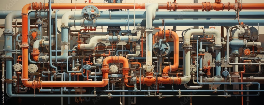 A very long pipe with many different colored pipes. The pipes are orange, blue, and white A very long pipe with many different colored pipes. The pipes are orange, blue, and white