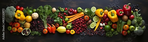 A colorful assortment of fruits and vegetables are displayed on a table. The variety of produce includes apples  oranges  broccoli  carrots  and peppers. Concept of abundance and freshness