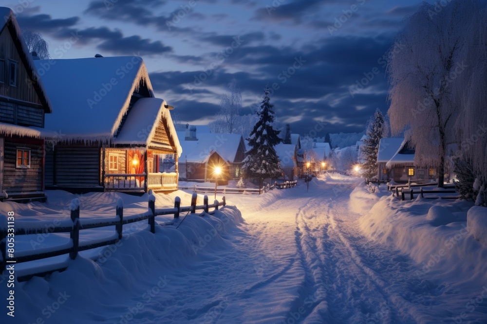 Traditional Snowy russian village street. Chalet cabin. Generate AI
