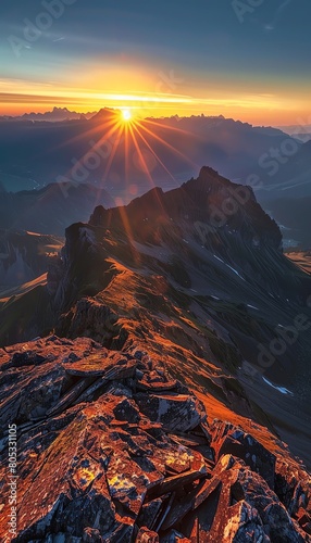 The mountain is glowing in the sunset. The sky is orange and the sun is setting behind the mountains. The mountain is covered in snow.