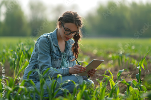 Young Agronomist Assessing Field Data on Tablet. Focused young female agronomist using a tablet to assess field data in a young cornfield during early morning.