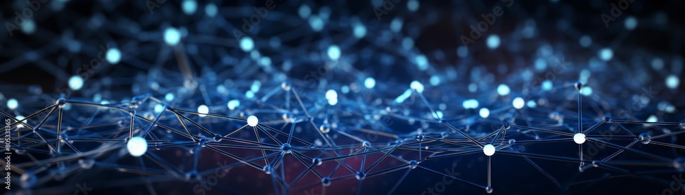 A close up of a blue and white image of a network of dots. Concept of interconnectedness and complexity, as the dots are arranged in a web-like pattern. The blue and white colors create a calming A close up of a blue and white image of a network of dots. Concept of interconnectedness and complexity, as the dots are arranged in a web-like pattern. The blue and white colors create a calming