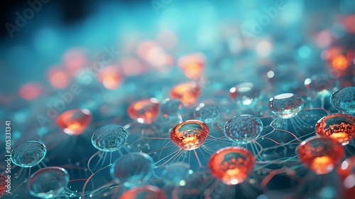 A close up of a blue and red background with many small, clear, red and orange droplets scattered throughout