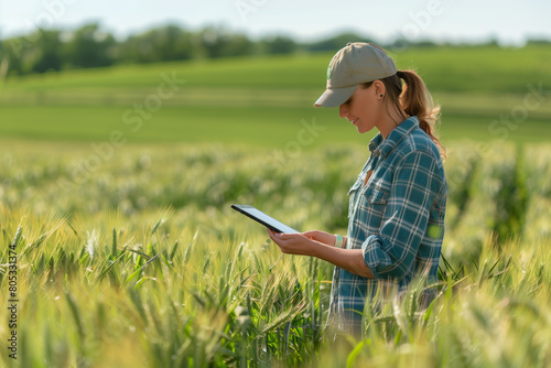 Female Farmer Analyzing Crop with Tablet. Focused female farmer wearing a cap and plaid shirt analyzes crop health using a tablet in a barley field.