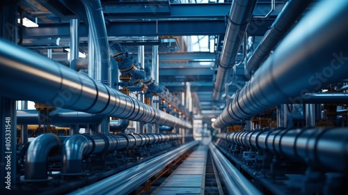 A long pipe with many valves and pipes. The pipes are connected to each other and are in a long line