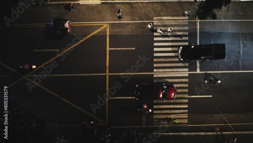 Aerial view at night of an unregulated pedestrian crossing. Night highway photo