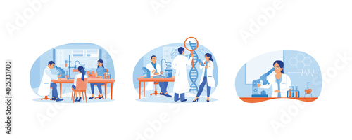 Scientists work in the laboratory. Conduct research on DNA molecules. Microbiological analysis. Laboratory concept. Set flat vector illustration.