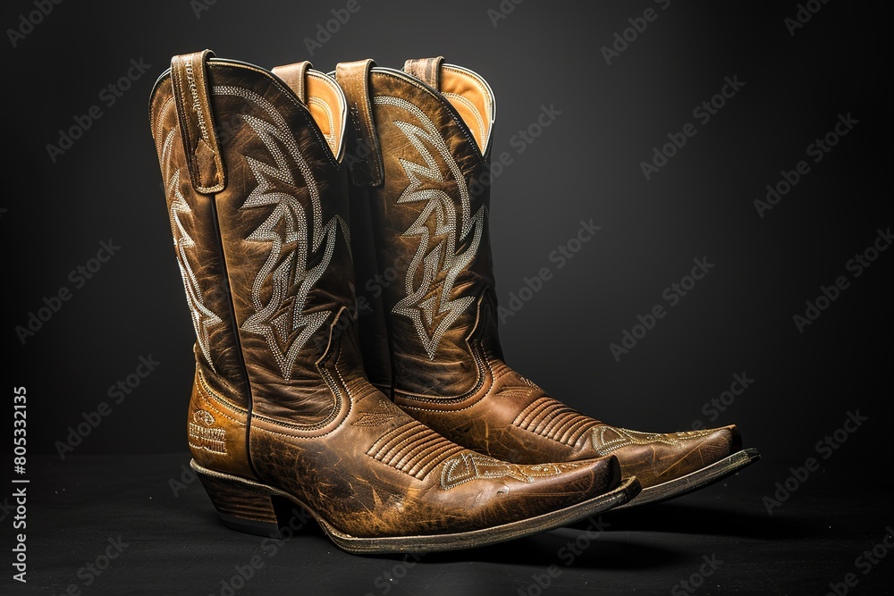 Weathered cowboy boots against a dark backdrop, detailed stitchi Weathered cowboy boots against a dark backdrop, detailed stitchi