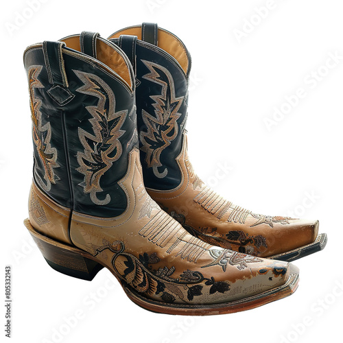 Pair of ornate cowboy boots with intricate designs.