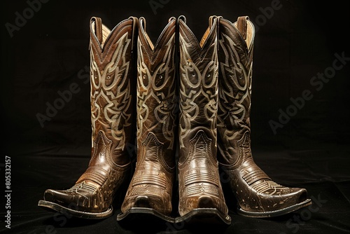 Pair of ornate cowboy boots on black backdrop.