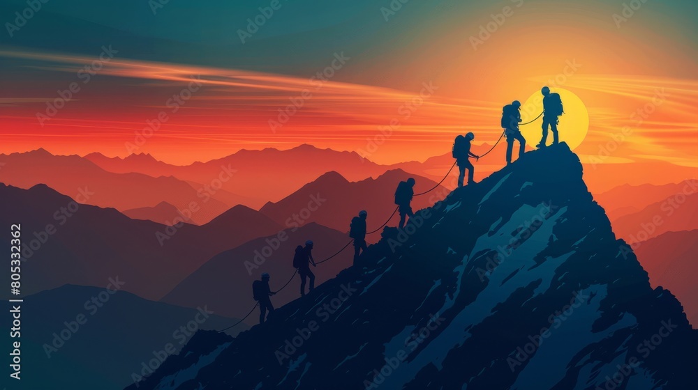 A group of people are climbing a mountain together A group of people are climbing a mountain together