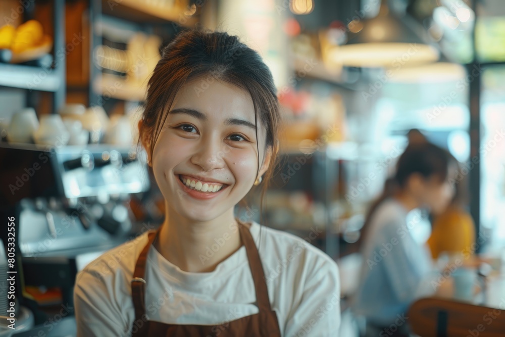 young smiling asian waitress serving customers in coffee shop focus on the background girl. young smiling asian waitress serving customers in coffee shop focus on the background girl.