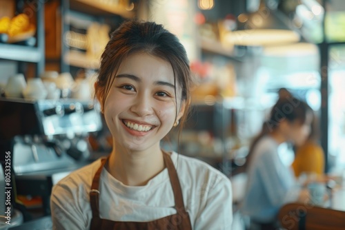 young smiling asian waitress serving customers in coffee shop  focus on the background girl.