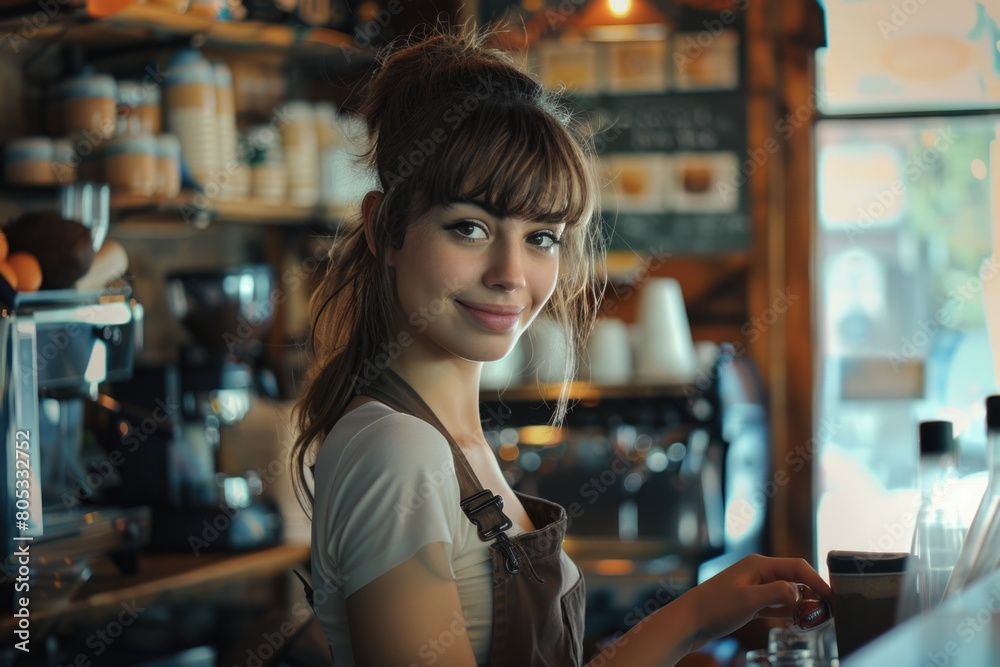 young waitress serving coffee at cafe young waitress serving coffee at cafe