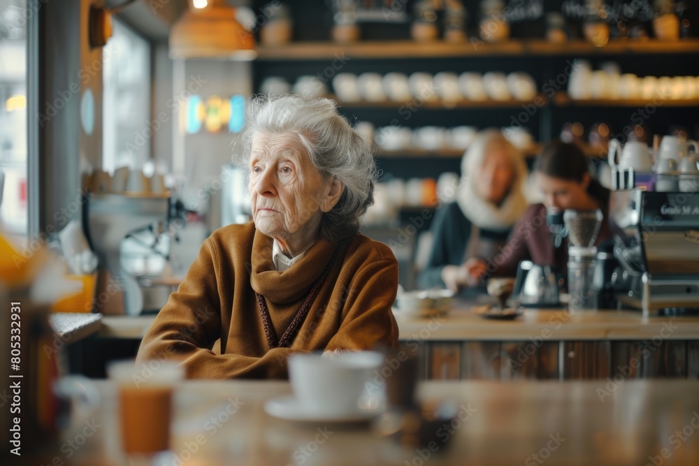 A horizontal front view shot of Senior woman watching woman making coffee at counter A horizontal front view shot of Senior woman watching woman making coffee at counter