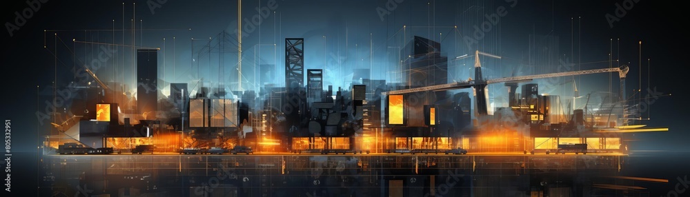 A city skyline with a lot of buildings and a crane. The sky is dark and the buildings are lit up with orange lights. Scene is one of excitement and energy, as the city is bustling with activity