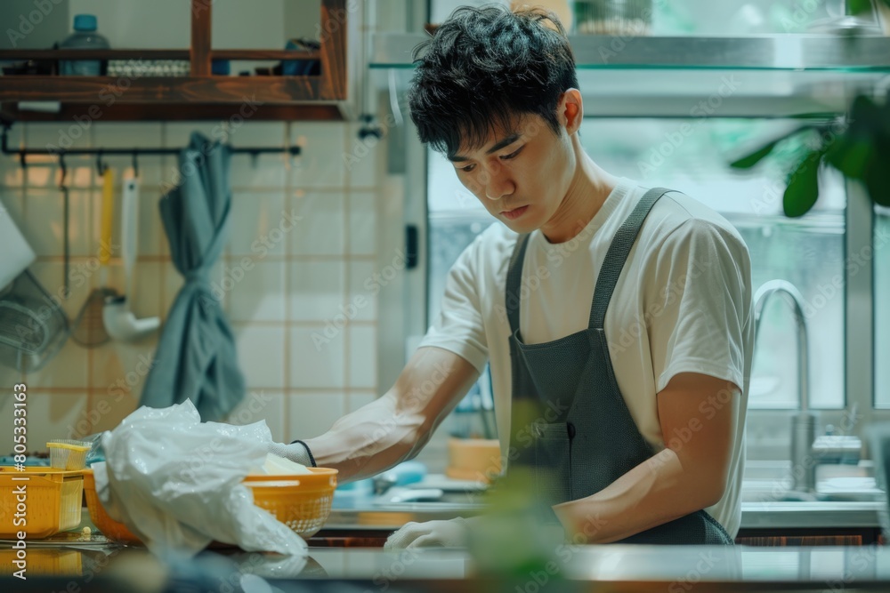 Asian men doing housework training