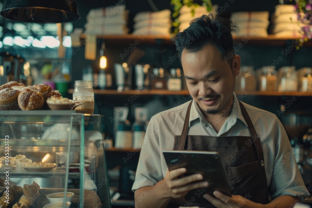 asian man barista holding tablet for checking order from customer on coffee cafe. asian man barista holding tablet for checking order from customer on coffee cafe.