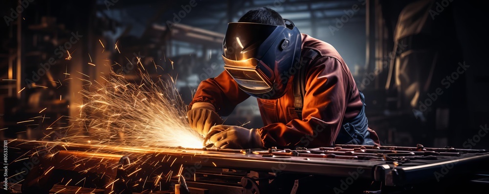 A man in a red jacket is working on a piece of metal with sparks flying. Concept of hard work and dedication, as the man is focused on his task despite the danger of the sparks A man in a red jacket is working on a piece of metal with sparks flying. Concept of hard work and dedication, as the man is focused on his task despite the danger of the sparks