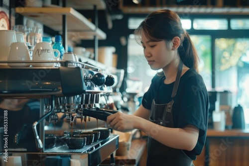 Asian barista woman making coffee in cafe.