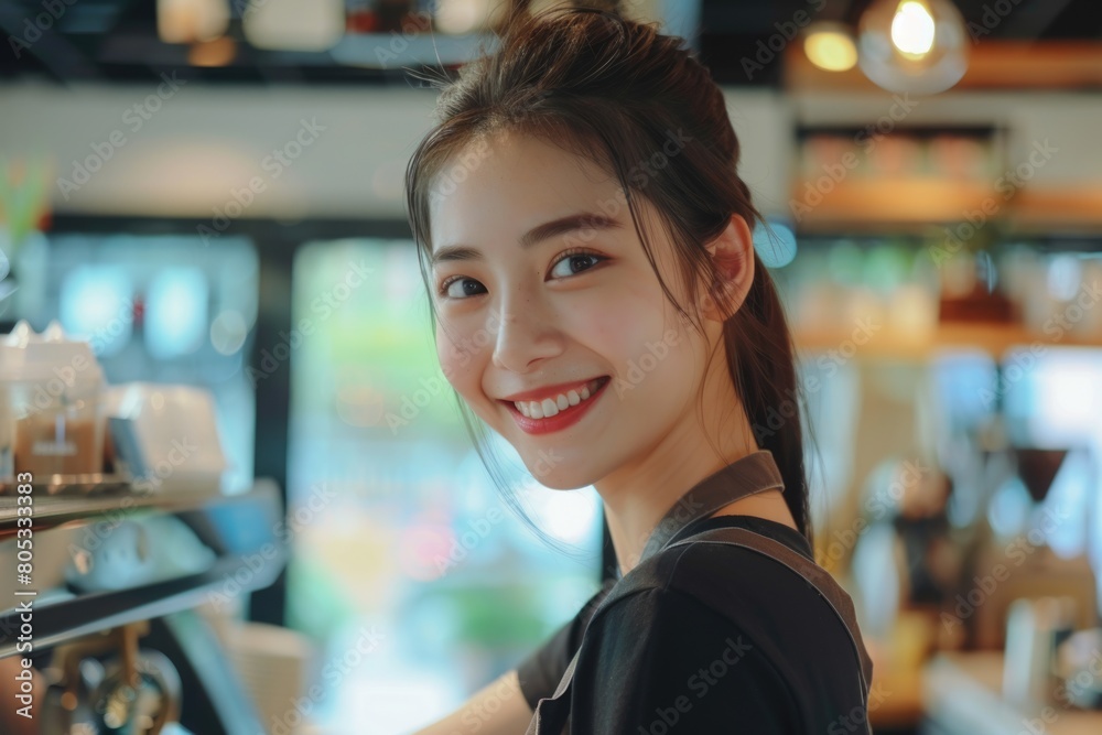 Cheerful asian waitress in cafe. Cheerful asian waitress in cafe. Cheerful asian waitress in cafe. Cheerful asian waitress in cafe.