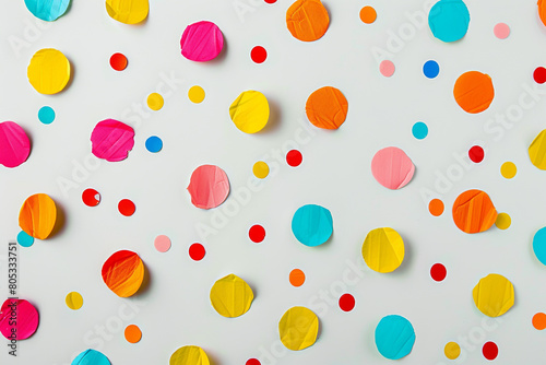 A playful and colorful background with a polka dot pattern in a random array of bright colors on a white base, ideal for a fun, youthful space.