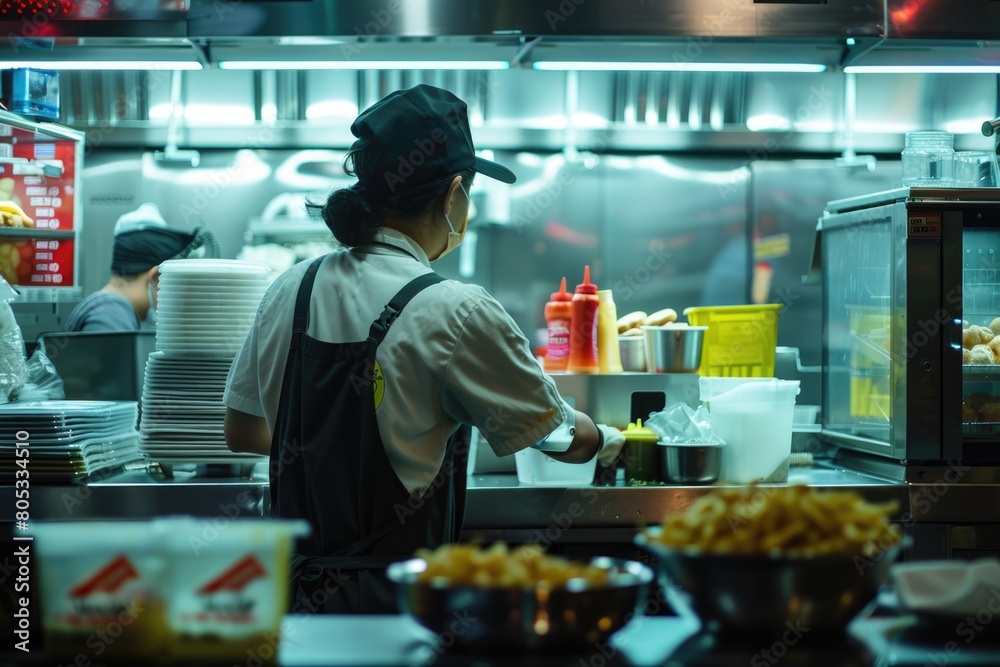 Minimum Wage Employee at a Fast food Restaurant Kitchen