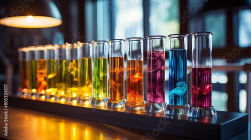 A row of colorful glass beakers filled with different colored liquids. The beakers are arranged in a line, with the colors ranging from blue to red. Concept of creativity and experimentation