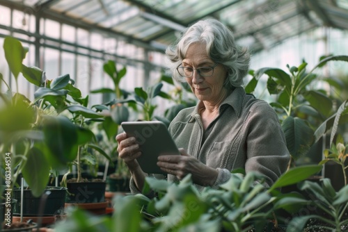 Mature woman multitasking in greenhouse with digital tablet.