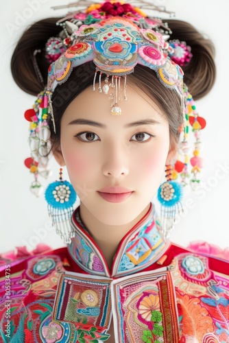 Ethnic Style: Full face no crop of a Pretty Young Chinese Super Model in Traditional Embroidered Garb, radiating cultural pride with a serene expression