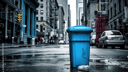street blue trash can