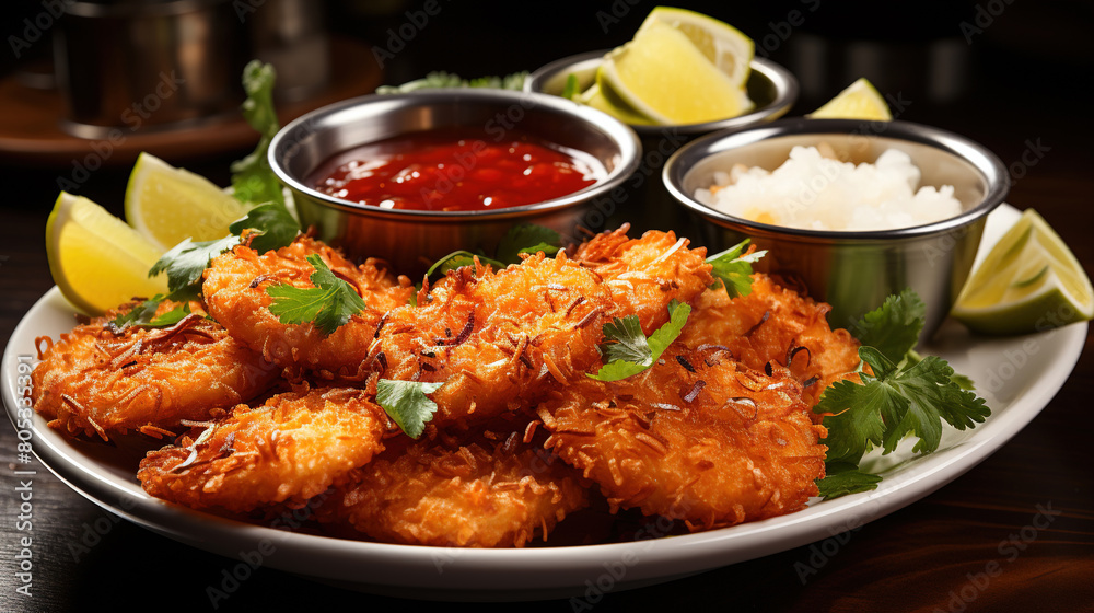 A Plate of Crispy and Flavorful Coconut Shrimp With A Sweet Chili Dipping Sauce and Sliced Lemons on Blurry Background A Plate of Crispy and Flavorful Coconut Shrimp With A Sweet Chili Dipping Sauce and Sliced Lemons on Blurry Background