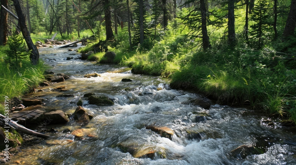 clear mountain stream flowing gently through the woods, home to various aquatic life clear mountain stream flowing gently through the woods, home to various aquatic life