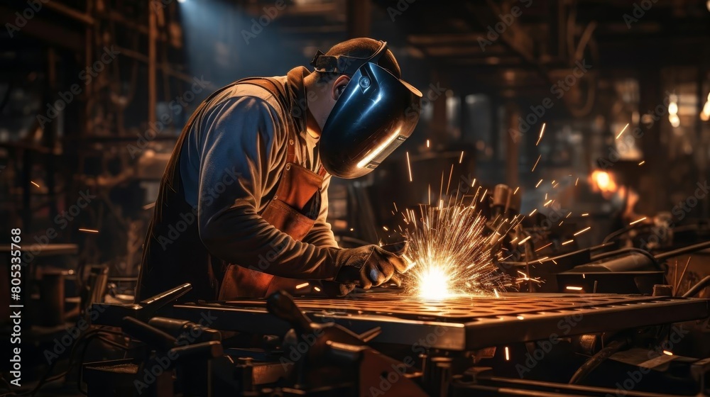 A man in a protective suit is working on a metal piece. Concept of danger and risk, as the man is surrounded by sparks and molten metal A man in a protective suit is working on a metal piece. Concept of danger and risk, as the man is surrounded by sparks and molten metal