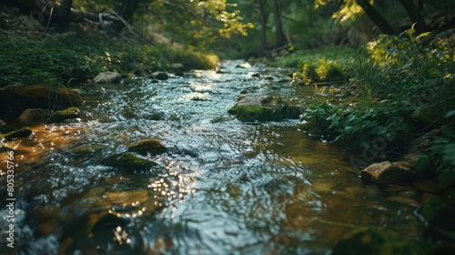 clear mountain stream flowing gently through the woods, home to various aquatic life