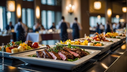 Indoor Catered Buffet, Restaurant Setting Featuring Grilled Meat Amongst Buffet Spread.
