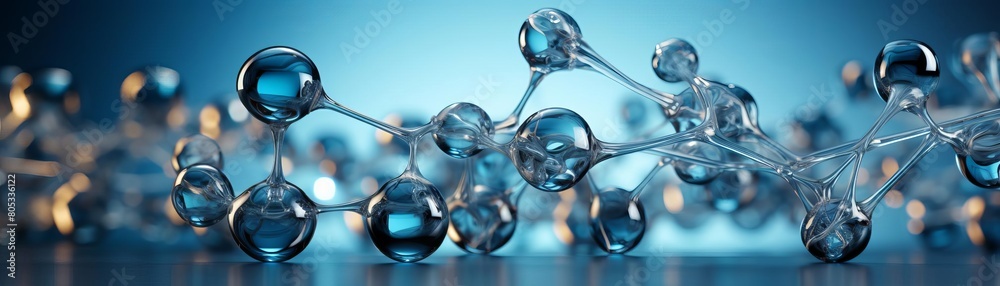 A blue background with many clear spheres of different sizes. The spheres are connected to each other in a way that they form a chain. Concept of interconnectedness and unity A blue background with many clear spheres of different sizes. The spheres are connected to each other in a way that they form a chain. Concept of interconnectedness and unity