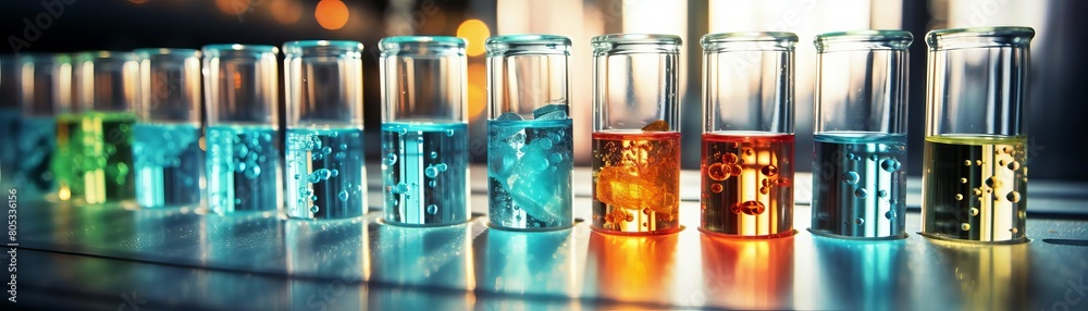A row of colorful glass bottles with different colored liquids inside. The bottles are lined up next to each other, creating a visually appealing display A row of colorful glass bottles with different colored liquids inside. The bottles are lined up next to each other, creating a visually appealing display