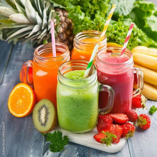 A colorful smoothie made of various fruits and vegetables