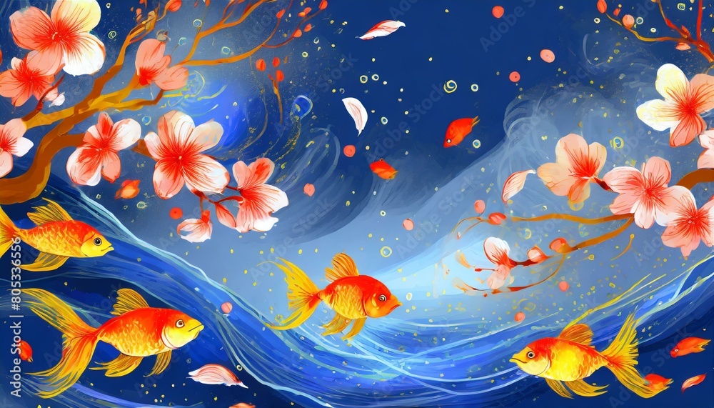 幻想的な背景、清涼感、くっきり、青空、舞う花びら、金魚、美しい夜桜を描くイラスト generated by AI