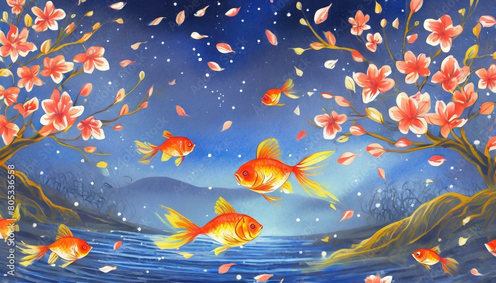 幻想的な背景、清涼感、くっきり、青空、舞う花びら、金魚、美しい夜桜を描くイラスト generated by AI