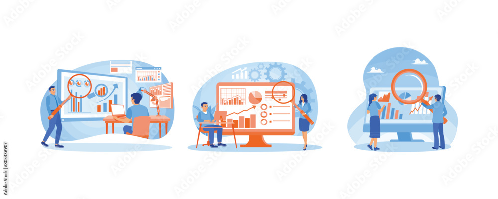 Businessman and financial expert analyzing financial infographic data. Create company financial data reports. Monitor business financial investments. Data analyst concept. Set flat vector illustration